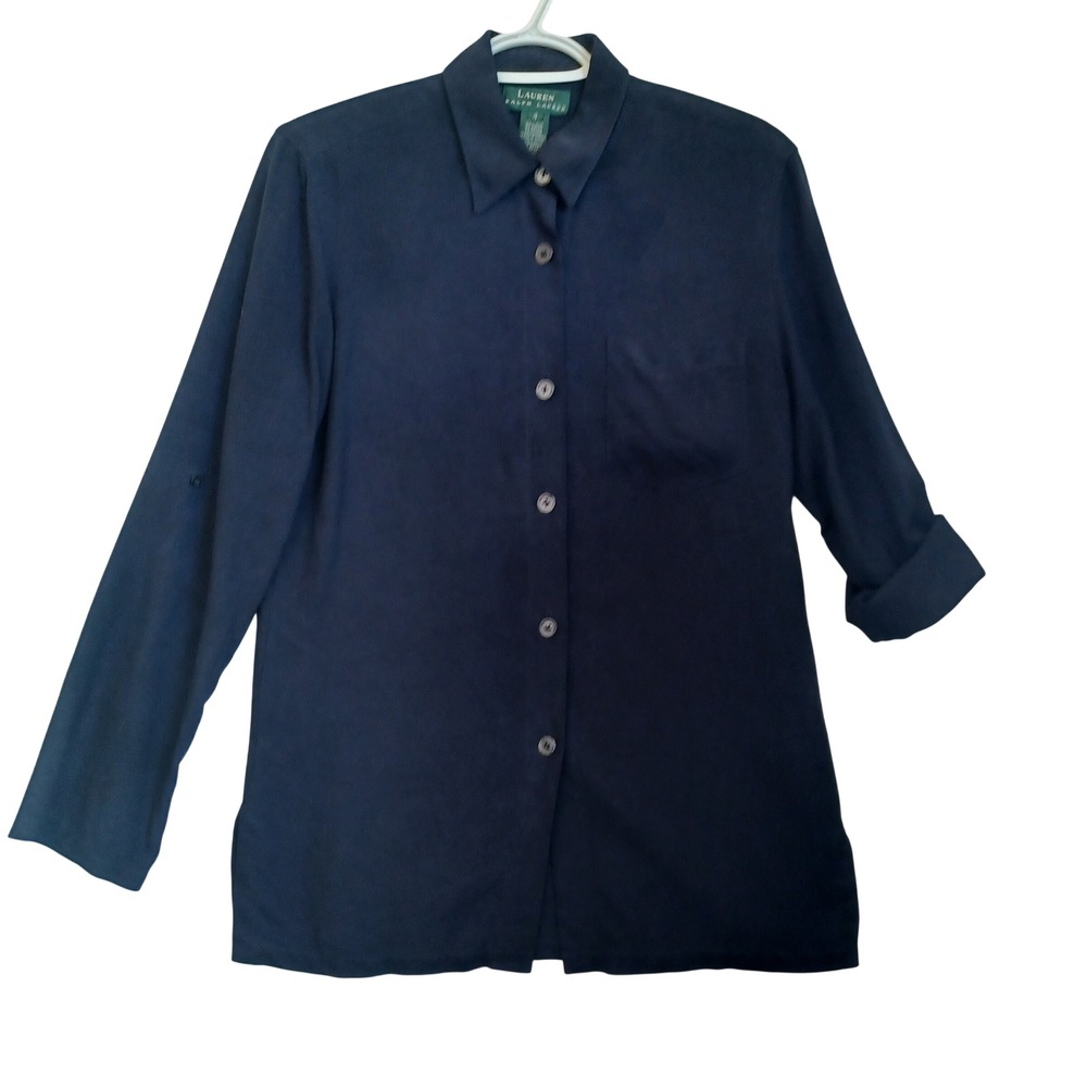 Lauren Ralph Lauren Navy Blue 100% Silk Roll-Tab Button Down Shirt Womens 4